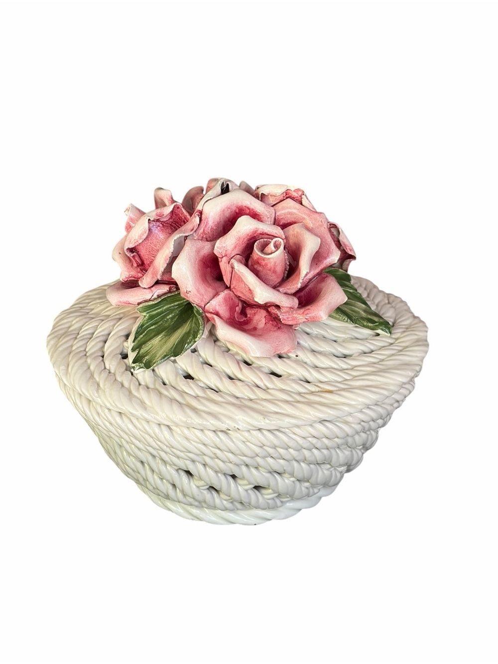 Vintage Capodimonte Italy Porcelain Rose Trinket Box Woven Basket Jewelry Box